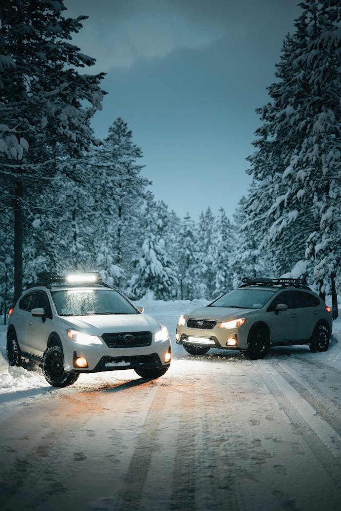 why-choose-us Two SUVs on a snowy forest road at night, surrounded by snow-laden trees in a winter landscape.